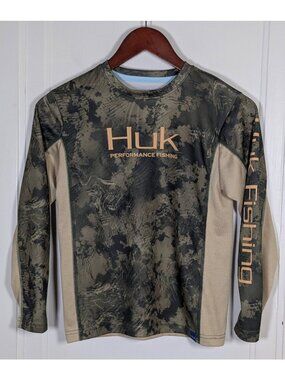 Huk Shirt Youth Medium Long Sleeve Performance Fishing Mossy Oak Camo Brown Kids